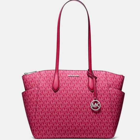 New Michael Kors Marilyn Medium Signature Logo Tote Bag Dark Raspberry Multi - Picture 1 of 4